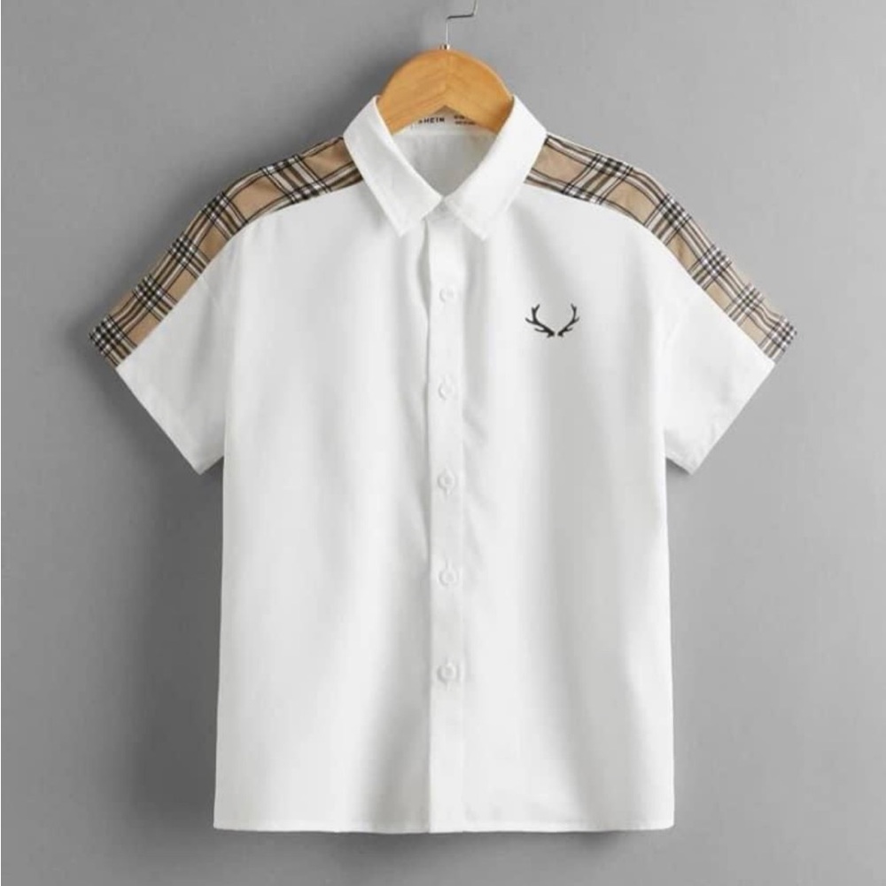 Boys Contrast Tartan Sideseam Antlers Print Shirt